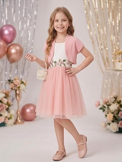 611-18s2ZAL._SY550_ Girls Floral Embroidered Top & Soft Tulle Skirt Set | Georgette A-Line Knee Length Outfit with Short Sleeves & Round Neck Dress Set for Festive & Cultural Occasions - Image 3